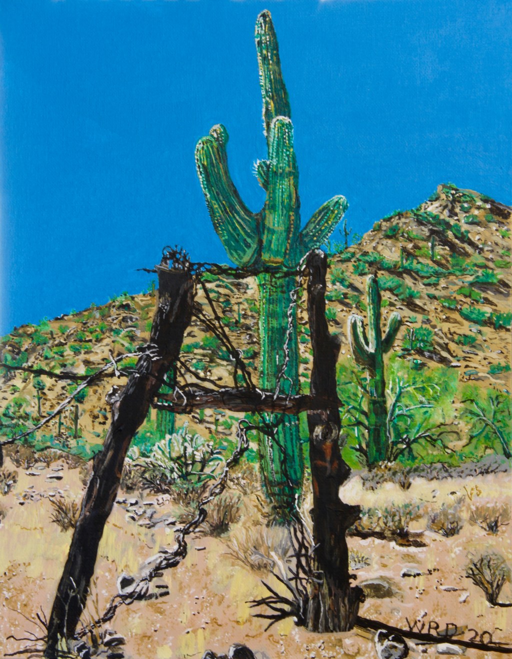Broken Fence & Saguaro – Acrylic on Canvas by Warren&nbsp;Deferbrache